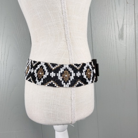 Vintage Beaded Belt Black Navajo Style Boho Hippie WIDE Western Stretchy - Picture 2 of 9